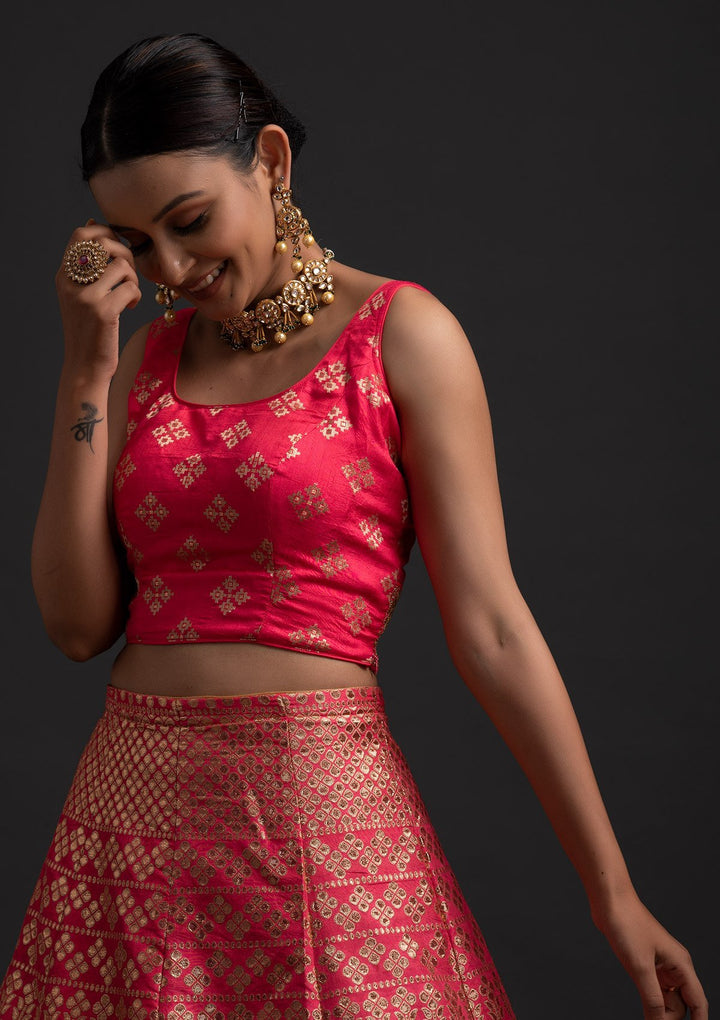 Rani Pink Sequins Banarasi Designer Semi-Stitched Lehenga - koskii