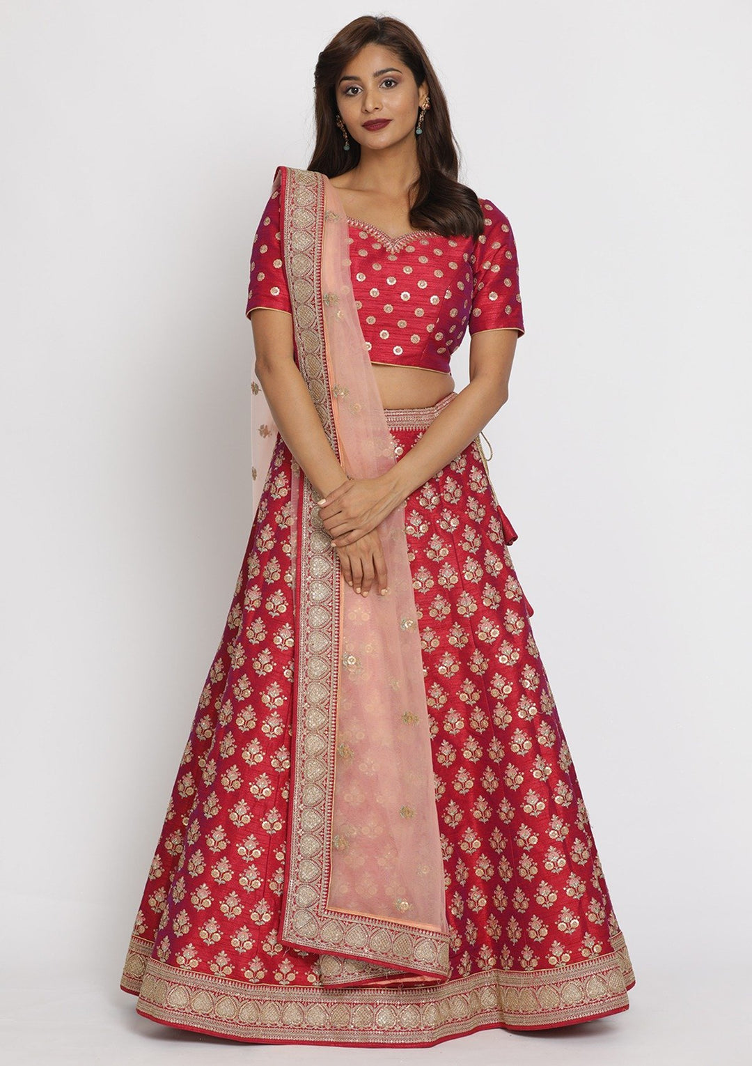 Rani Pink Sequins Raw Silk Designer Semi-Stitched Lehenga - koskii