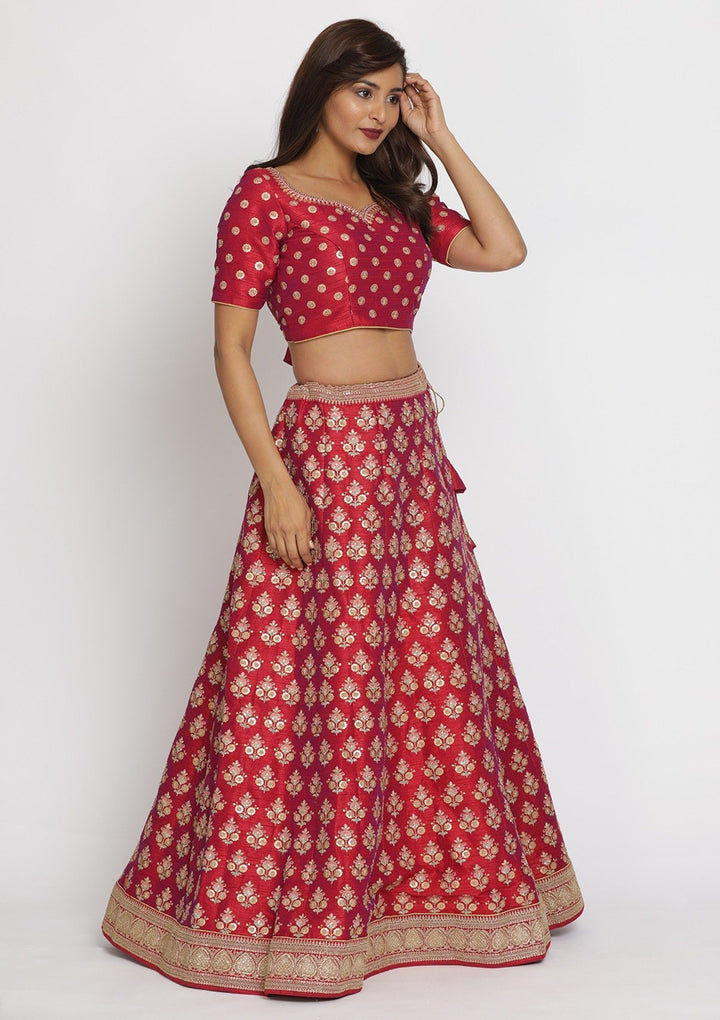 Rani Pink Sequins Raw Silk Designer Semi-Stitched Lehenga - koskii