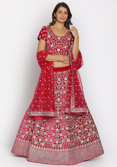 Rani Pink Silver Stonework Velvet Designer Semi-Stitched Lehenga - koskii