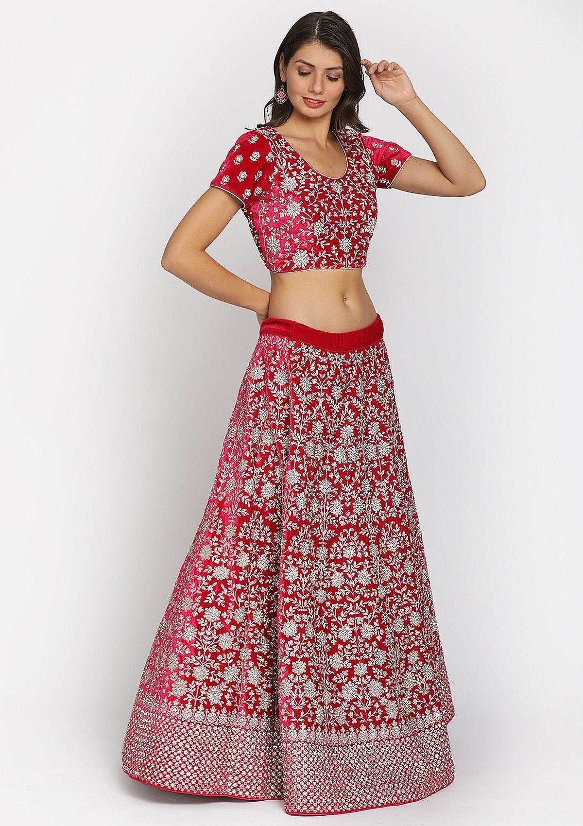 Rani Pink Silver Stonework Velvet Designer Semi-Stitched Lehenga - koskii