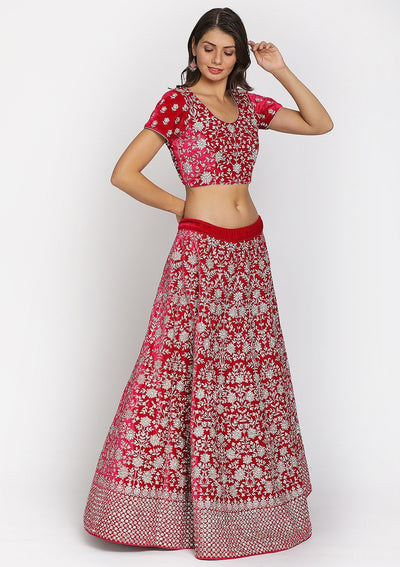 Rani Pink Silver Stonework Velvet Designer Semi-Stitched Lehenga - koskii