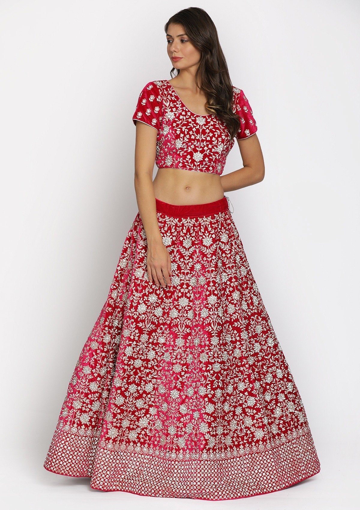 Rani Pink Silver Stonework Velvet Designer Semi-Stitched Lehenga - koskii