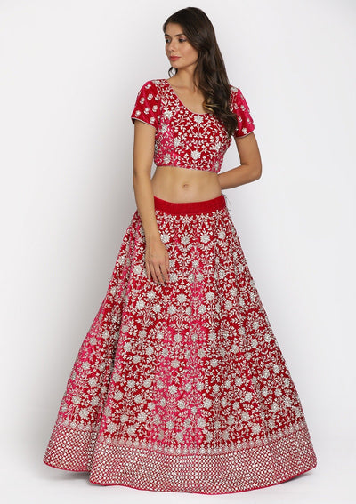Rani Pink Silver Stonework Velvet Designer Semi-Stitched Lehenga - koskii