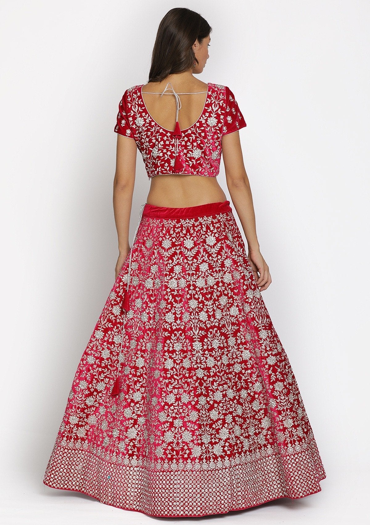 Rani Pink Silver Stonework Velvet Designer Semi-Stitched Lehenga - koskii