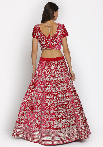 Rani Pink Silver Stonework Velvet Designer Semi-Stitched Lehenga - koskii