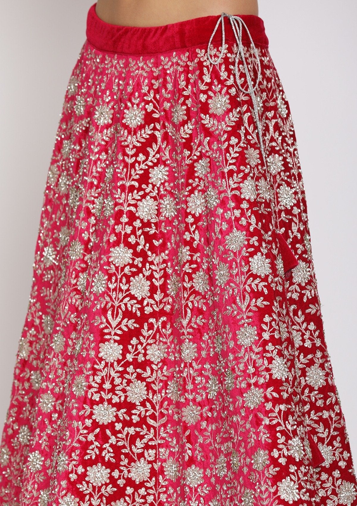 Rani Pink Silver Stonework Velvet Designer Semi-Stitched Lehenga - koskii