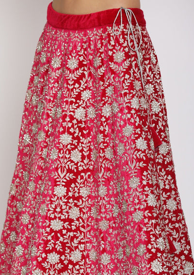 Rani Pink Silver Stonework Velvet Designer Semi-Stitched Lehenga - koskii