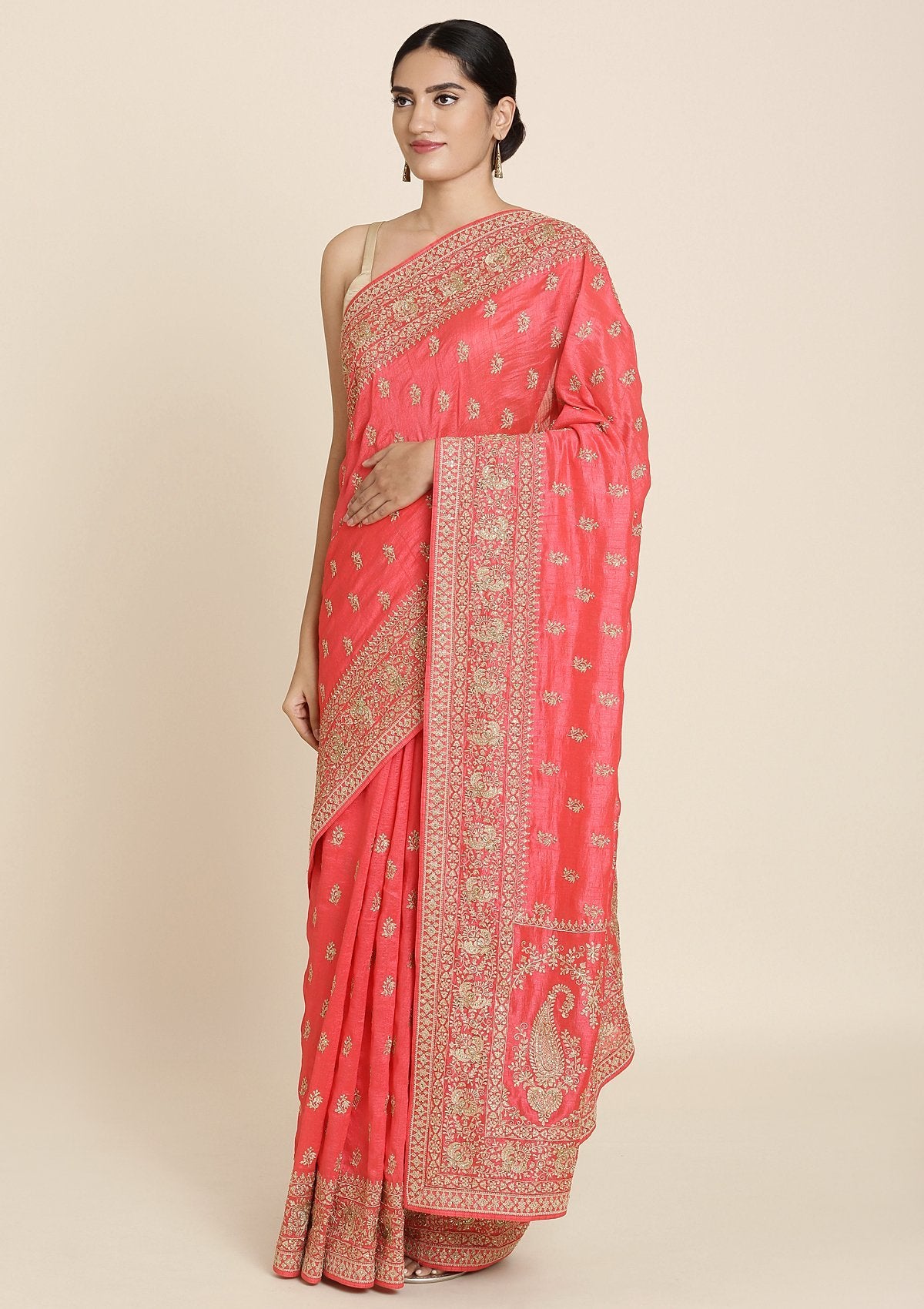 Rani Pink Zariwork Raw Silk Designer Saree - koskii