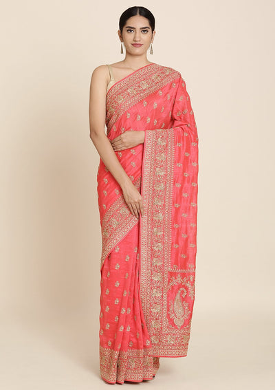 Rani Pink Zariwork Raw Silk Designer Saree - koskii
