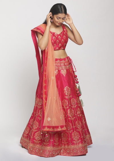 Rani Pink Cutdana Art Silk Designer Semi-Stitched Lehenga - koskii