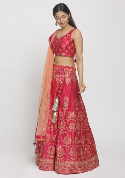 Rani Pink Cutdana Art Silk Designer Semi-Stitched Lehenga - koskii