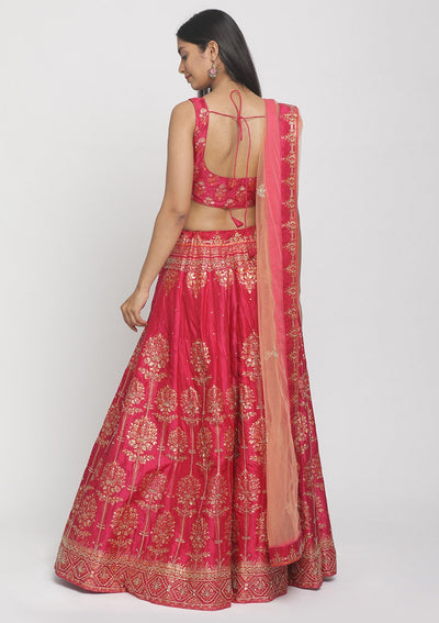Rani Pink Cutdana Art Silk Designer Semi-Stitched Lehenga - koskii