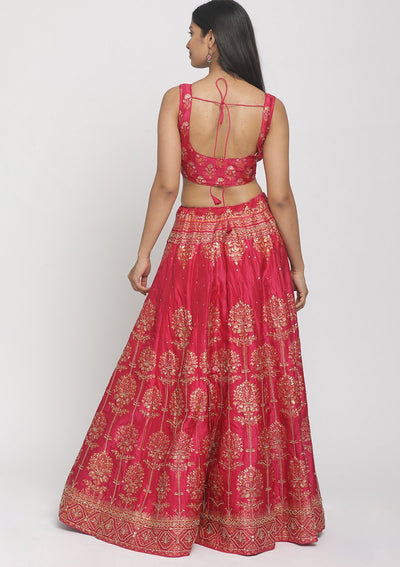 Rani Pink Cutdana Art Silk Designer Semi-Stitched Lehenga - koskii