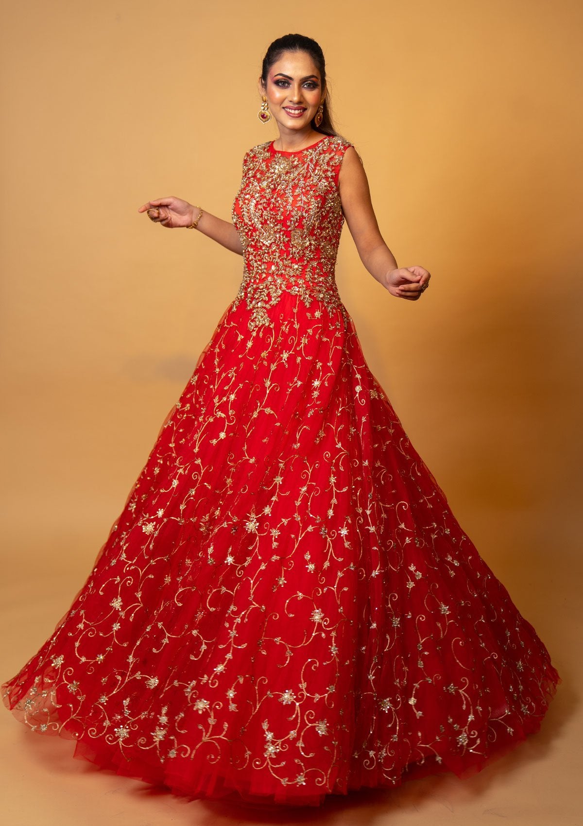 Red Sequins Net Designer Gown - koskii