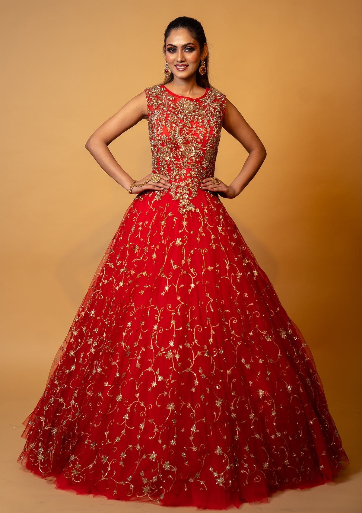 Red Sequins Net Designer Gown - koskii