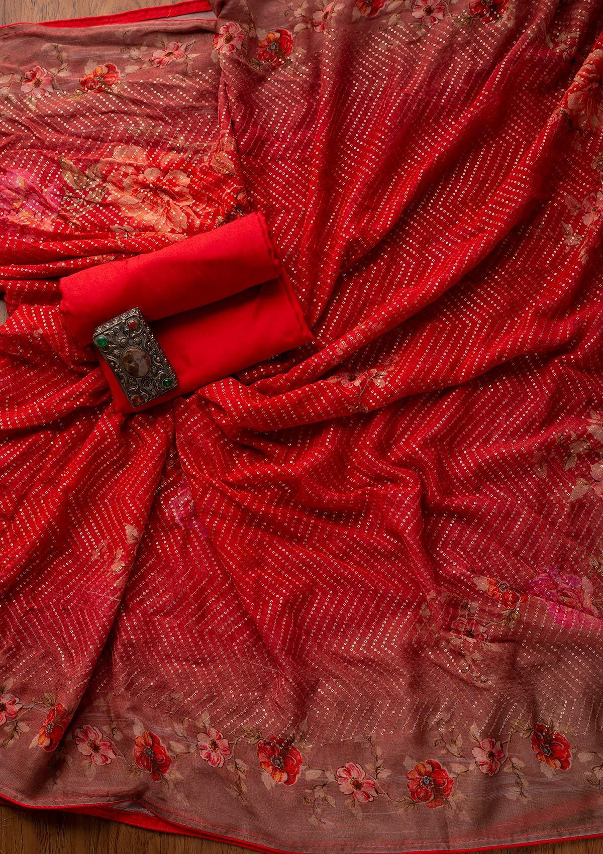 Red Sequins Satin Designer Unstitched Salwar Suit - koskii