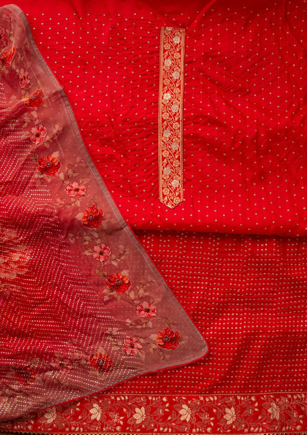 Red Sequins Satin Designer Unstitched Salwar Suit - koskii