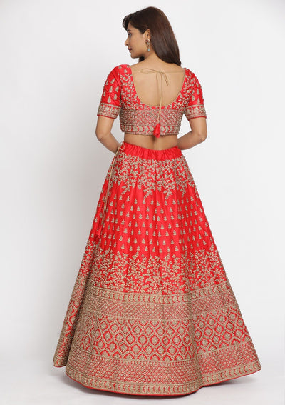 Red Stonework Satin Designer Semi-Stitched Lehenga - koskii
