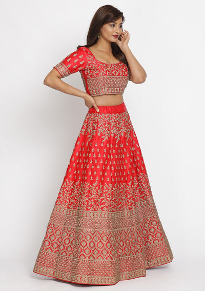 Red Stonework Satin Designer Semi-Stitched Lehenga - koskii