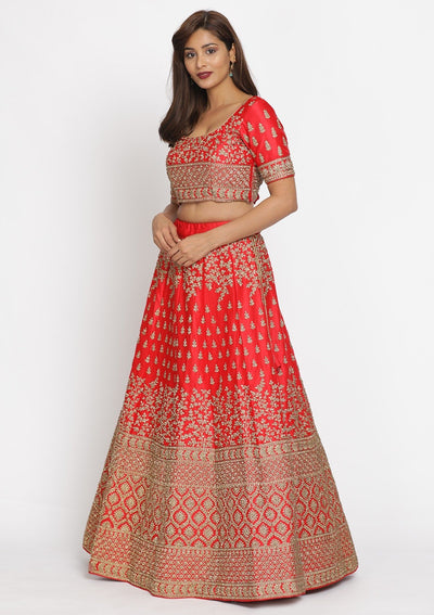Red Stonework Satin Designer Semi-Stitched Lehenga - koskii