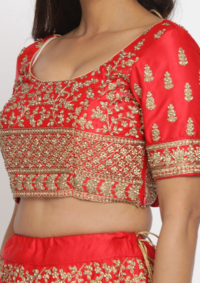 Red Stonework Satin Designer Semi-Stitched Lehenga - koskii