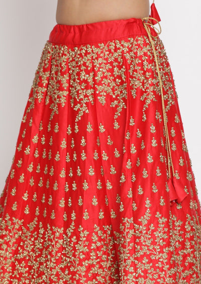 Red Stonework Satin Designer Semi-Stitched Lehenga - koskii