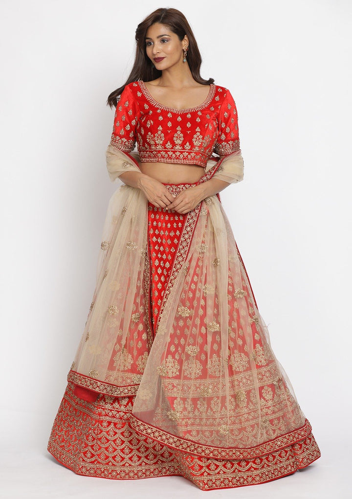 Red Stonework Velvet Designer Semi-Stitched Lehenga - koskii