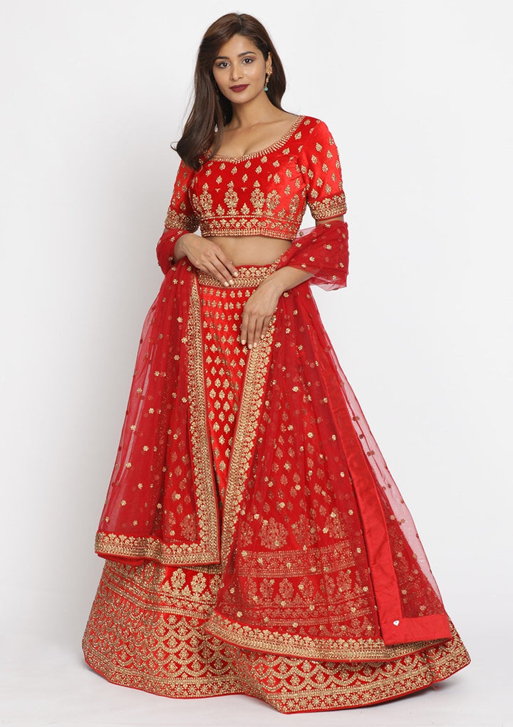 Red Stonework Velvet Designer Semi-Stitched Lehenga - koskii