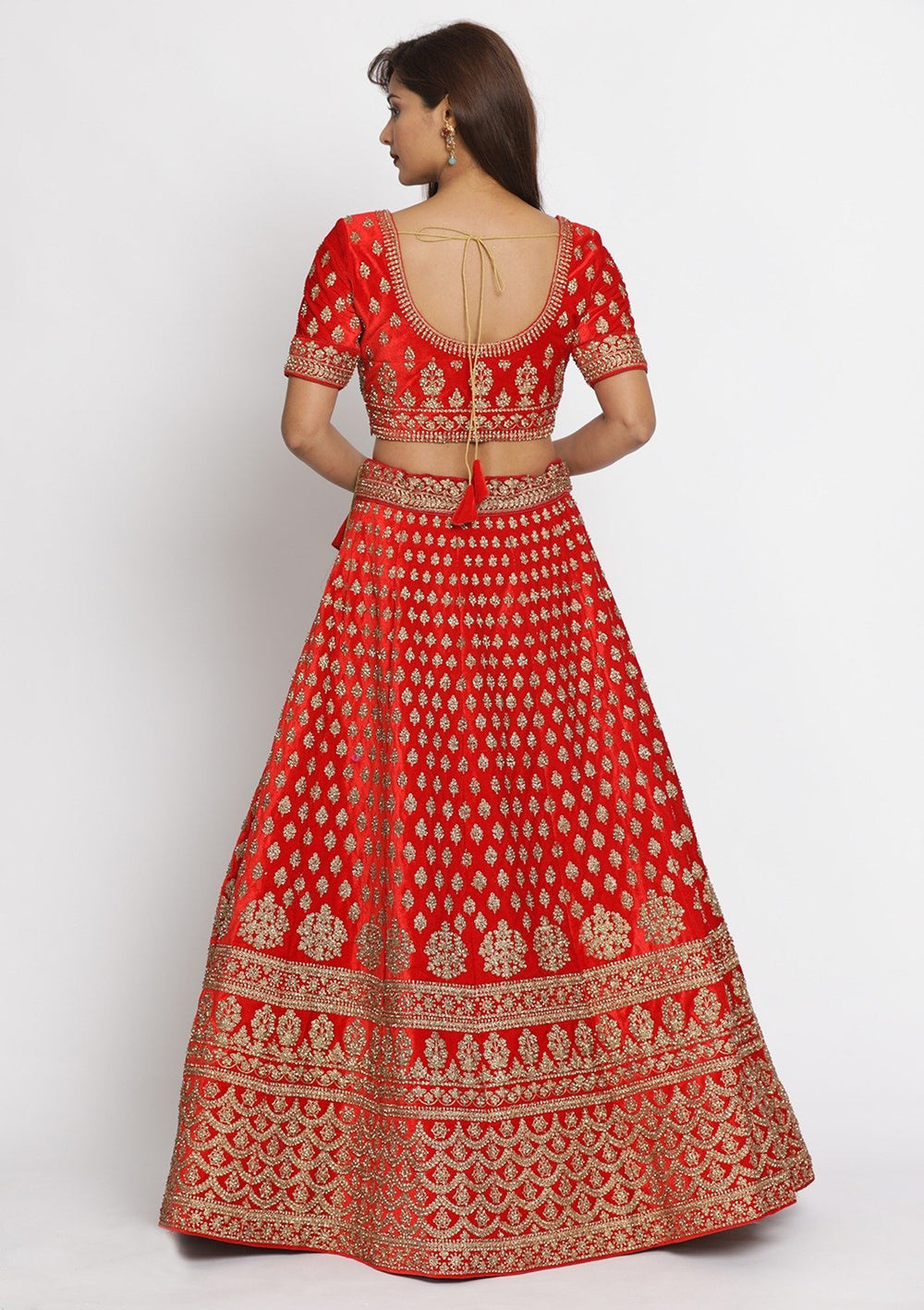 Red Stonework Velvet Designer Semi-Stitched Lehenga - koskii