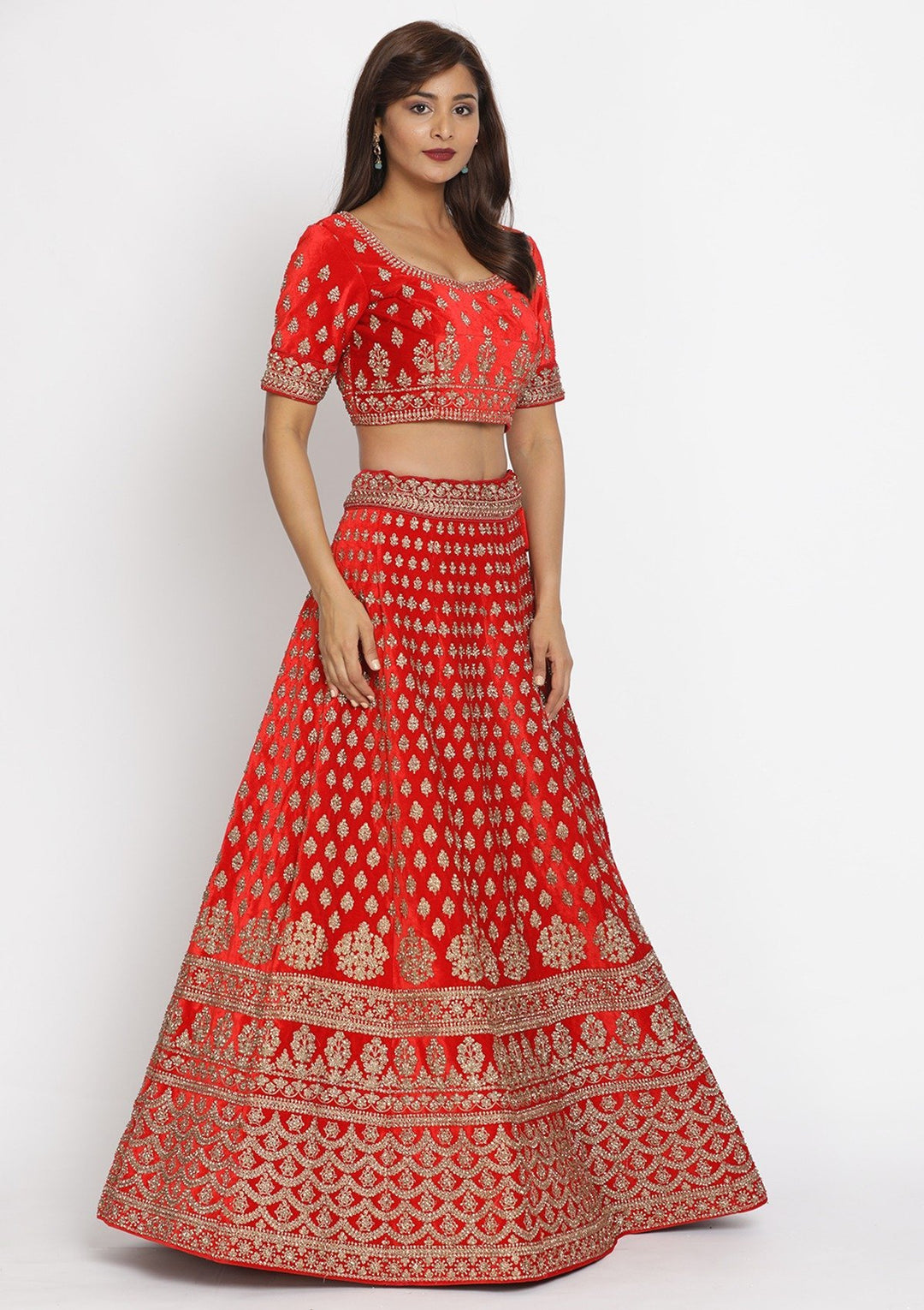 Red Stonework Velvet Designer Semi-Stitched Lehenga - koskii