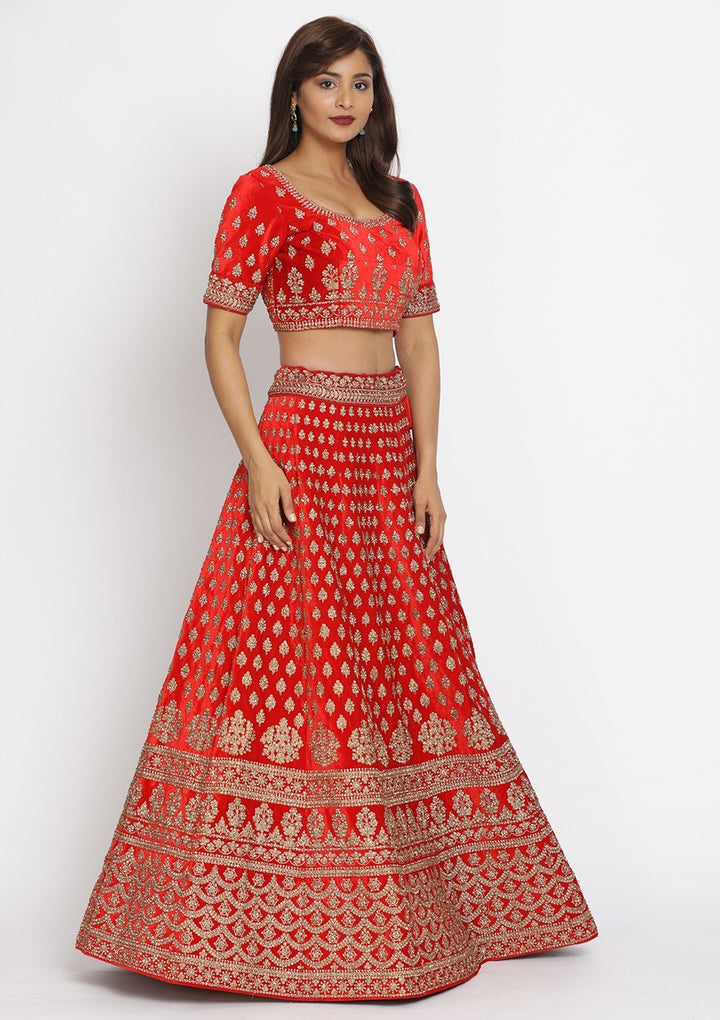 Red Stonework Velvet Designer Semi-Stitched Lehenga - koskii