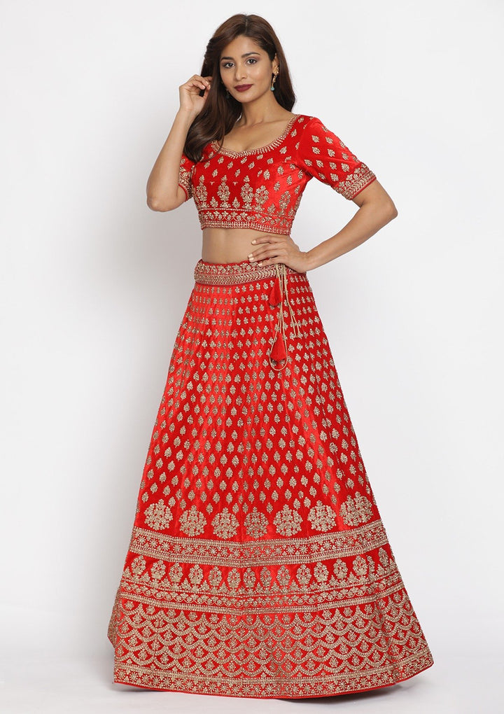 Red Stonework Velvet Designer Semi-Stitched Lehenga - koskii