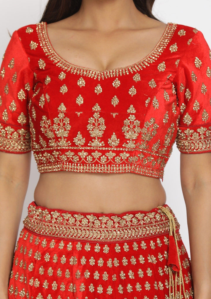 Red Stonework Velvet Designer Semi-Stitched Lehenga - koskii