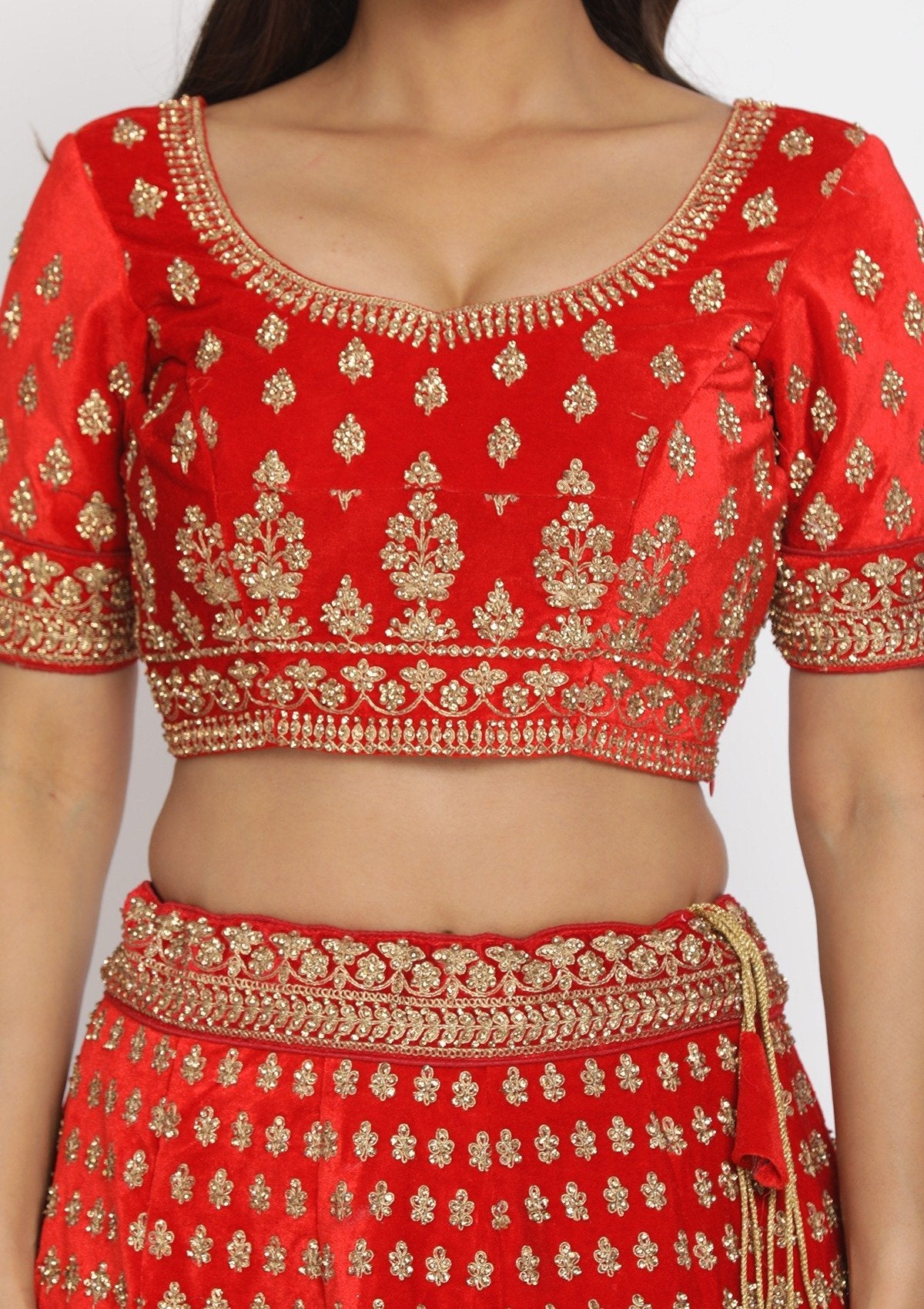 Red Stonework Velvet Designer Semi-Stitched Lehenga - koskii