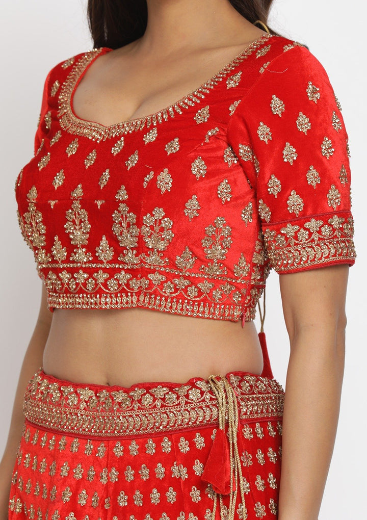 Red Stonework Velvet Designer Semi-Stitched Lehenga - koskii