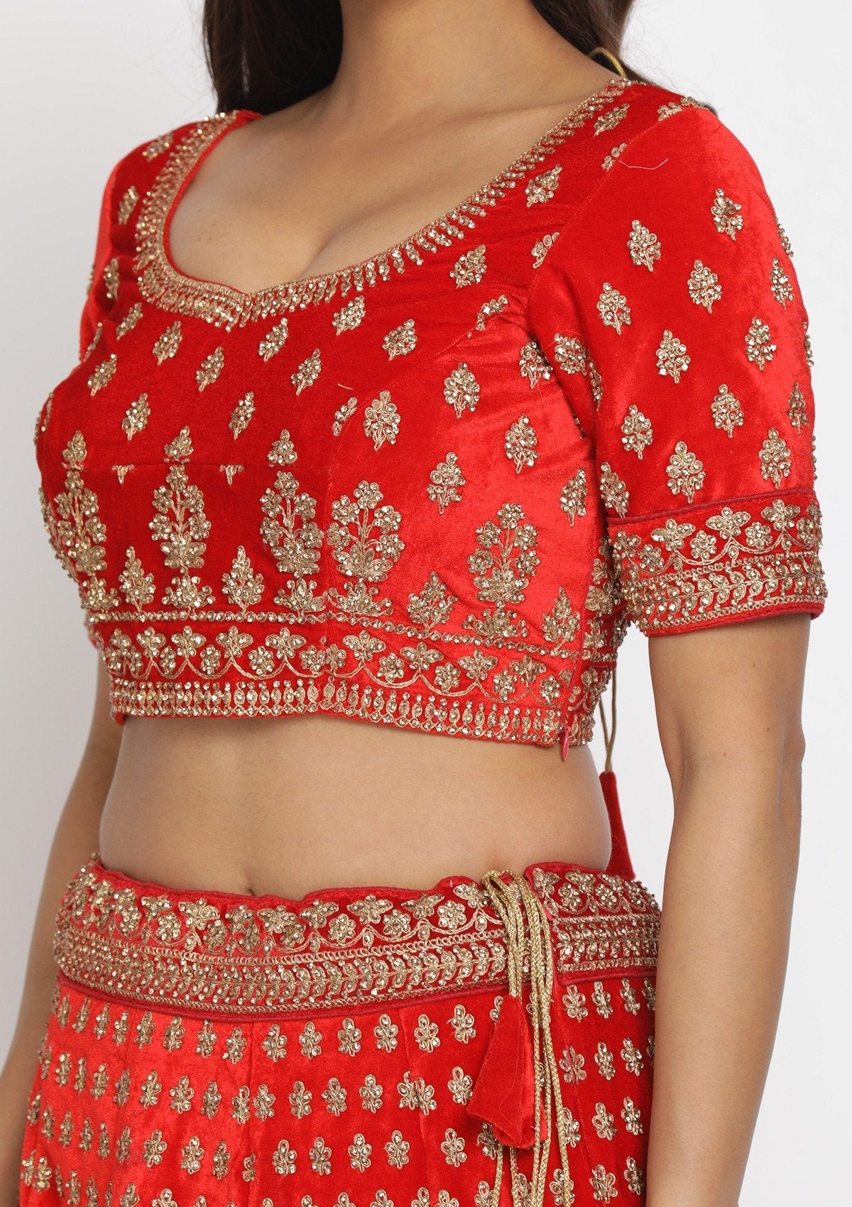 Red Stonework Velvet Designer Semi-Stitched Lehenga - koskii