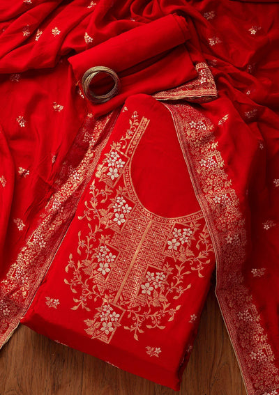 Red Zariwork Semi Crepe Designer Semi-Stitched Salwar Suit - koskii