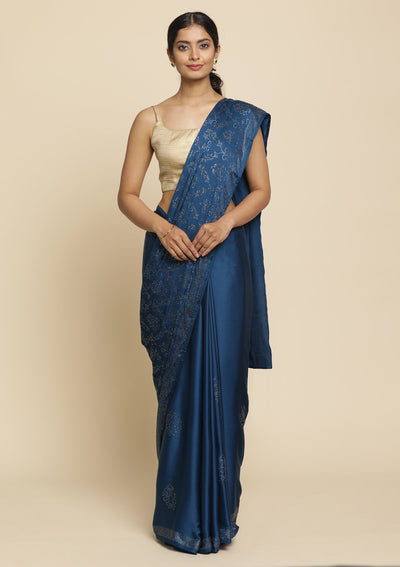 Royal Blue Swarovski  Satin Designer Saree - koskii