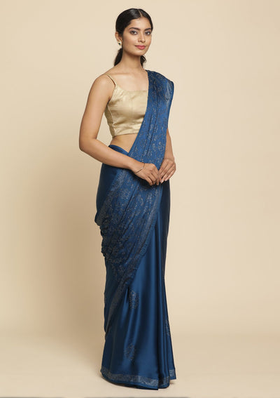 Royal Blue Swarovski  Satin Designer Saree - koskii