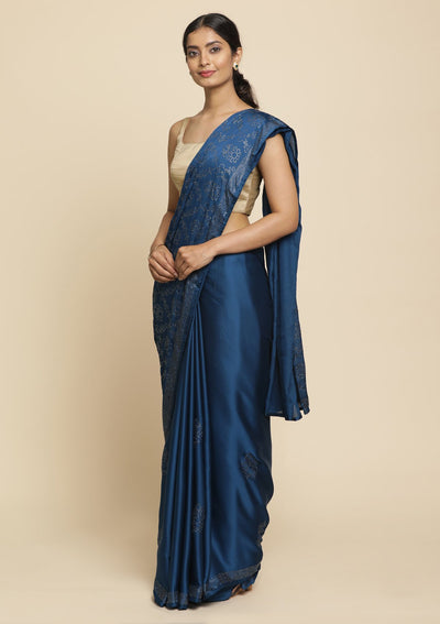 Royal Blue Swarovski  Satin Designer Saree - koskii