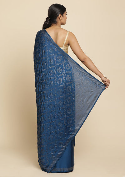 Royal Blue Swarovski  Satin Designer Saree - koskii