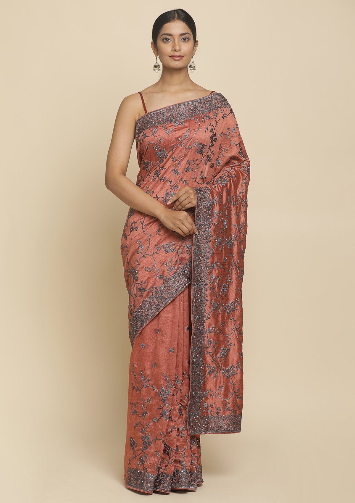 Rust Stonework  Art Silk Designer Saree - koskii