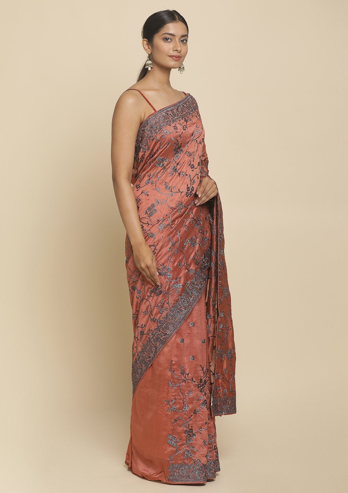 Rust Stonework  Art Silk Designer Saree - koskii