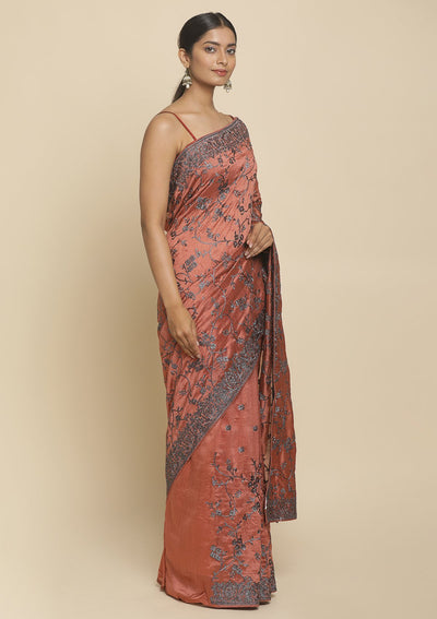 Rust Stonework  Art Silk Designer Saree - koskii