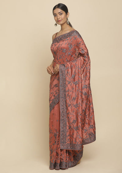 Rust Stonework  Art Silk Designer Saree - koskii