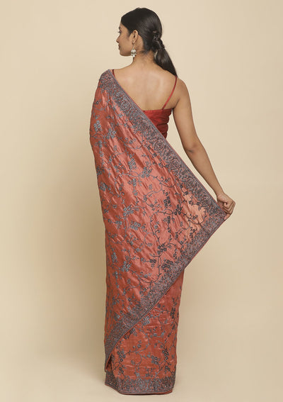 Rust Stonework  Art Silk Designer Saree - koskii