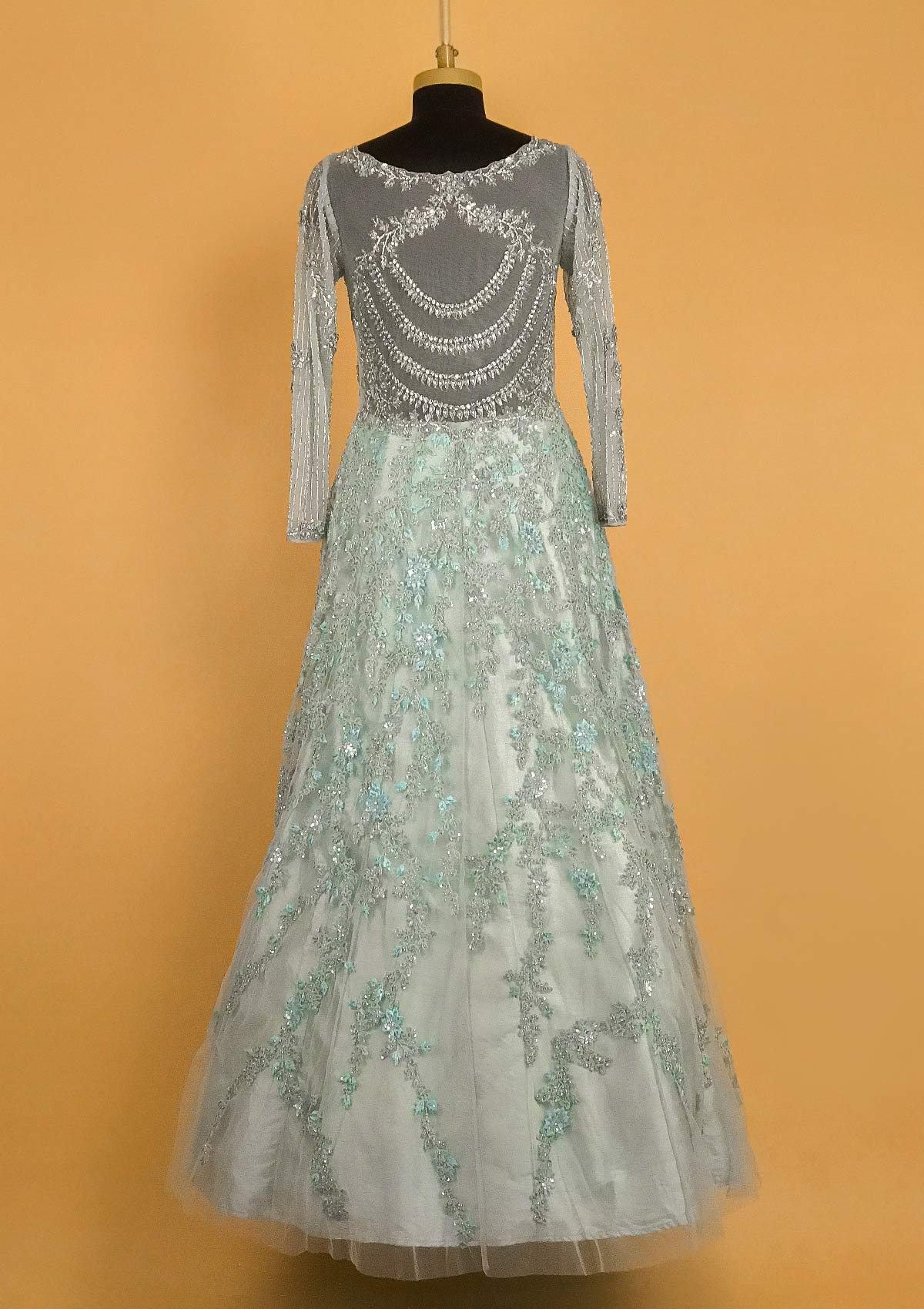 Sea Green Cutdana Net Designer Gown - koskii