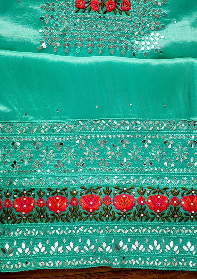 Sea Green Mirrorwork Semi Crepe Designer Semi-Stitched Salwar Suit - koskii