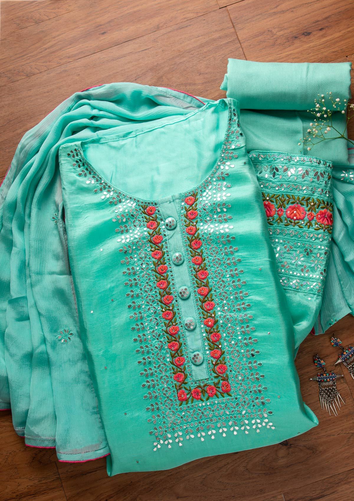 Sea Green Mirrorwork Semi Crepe Designer Semi-Stitched Salwar Suit - koskii
